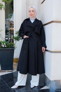 Kruvaze Yaka İspanyol Kol Trençkot Siyah