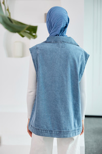 Kruvaze Yaka Jean Yelek Mavi