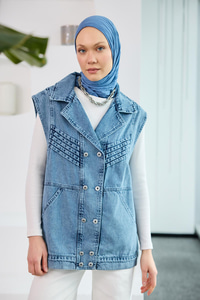 Kruvaze Yaka Jean Yelek Mavi