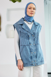 Kruvaze Yaka Jean Yelek Mavi