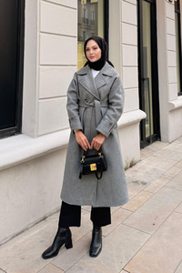 Kruvaze Yaka Kaşe Kaban Gri