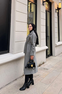 Kruvaze Yaka Kaşe Kaban Gri