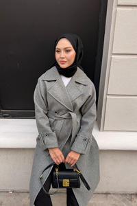 Kruvaze Yaka Kaşe Kaban Gri