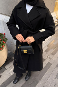 Kruvaze Yaka Kaşe Kaban Siyah