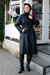 Kruvaze Yaka Kemerli Deri Trençkot Siyah