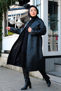 Kruvaze Yaka Kemerli Deri Trençkot Siyah