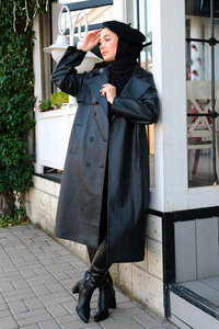 Kruvaze Yaka Kemerli Deri Trençkot Siyah