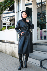 Kruvaze Yaka Kemerli Deri Trençkot Siyah