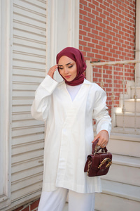 Kruvaze Yaka Keten Ceket  Beyaz