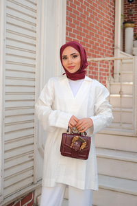 Kruvaze Yaka Keten Ceket  Beyaz