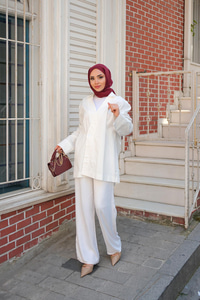 Kruvaze Yaka Keten Ceket  Beyaz