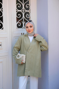 Kruvaze Yaka Keten Ceket  Fıstık Yeşil