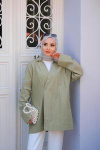 Kruvaze Yaka Keten Ceket  Fıstık Yeşil