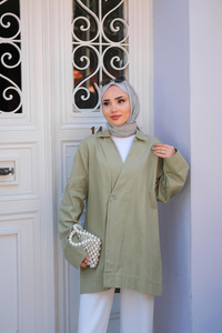 Kruvaze Yaka Keten Ceket  Fıstık Yeşil