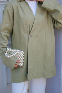 Kruvaze Yaka Keten Ceket  Fıstık Yeşil