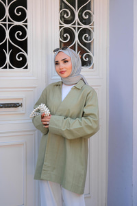 Kruvaze Yaka Keten Ceket  Fıstık Yeşil