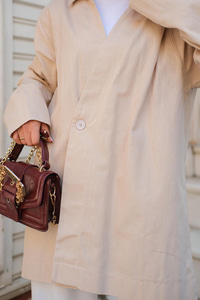 Kruvaze Yaka Keten Ceket  Krem