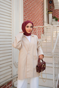 Kruvaze Yaka Keten Ceket  Krem