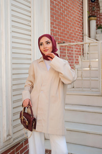 Kruvaze Yaka Keten Ceket  Krem