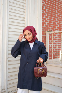 Kruvaze Yaka Keten Ceket  Lacivert