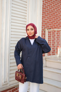 Kruvaze Yaka Keten Ceket  Lacivert