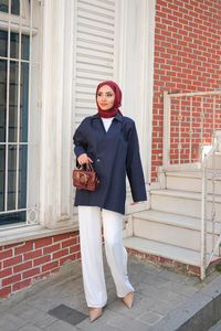 Kruvaze Yaka Keten Ceket  Lacivert