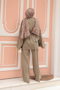 Kruvaze Yaka Keten Takım Haki Yeşil