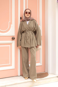 Kruvaze Yaka Keten Takım Haki Yeşil