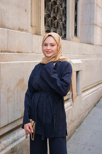 Kruvaze Yaka Keten Takım Lacivert