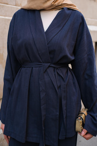 Kruvaze Yaka Keten Takım Lacivert