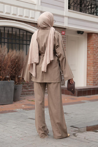 Kruvaze Yaka Keten Takım  Vizon