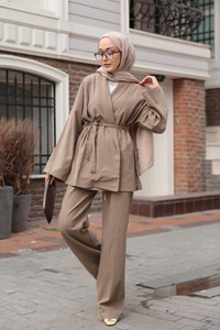 Kruvaze Yaka Keten Takım  Vizon