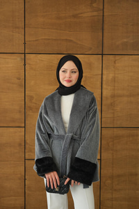 Kruvaze Yaka Kısa Ceket Gri