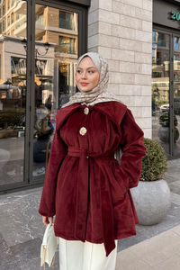 Kruvaze Yaka Peluş Ceket Bordo
