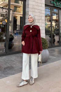 Kruvaze Yaka Peluş Ceket Bordo