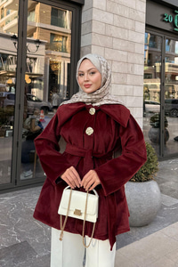 Kruvaze Yaka Peluş Ceket Bordo
