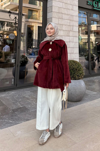 Kruvaze Yaka Peluş Ceket Bordo