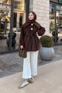 Kruvaze Yaka Peluş Ceket Kahverengi