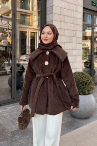 Kruvaze Yaka Peluş Ceket Kahverengi