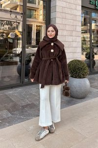 Kruvaze Yaka Peluş Ceket Kahverengi