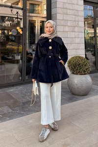 Kruvaze Yaka Peluş Ceket Lacivert