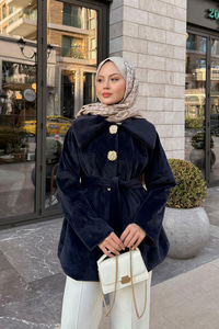 Kruvaze Yaka Peluş Ceket Lacivert