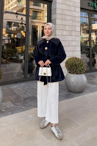 Kruvaze Yaka Peluş Ceket Lacivert