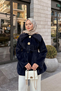 Kruvaze Yaka Peluş Ceket Lacivert