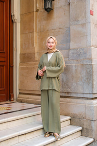 Kruvaze Yaka Takım Haki Yeşil