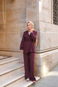 Kruvaze Yaka Takım Mürdüm