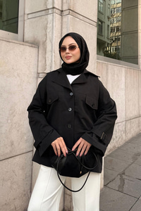 Kruvaze Yaka Trenç Siyah