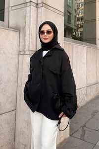 Kruvaze Yaka Trenç Siyah