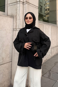 Kruvaze Yaka Trenç Siyah