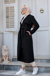 Kruvaze Yaka Trençkot Siyah